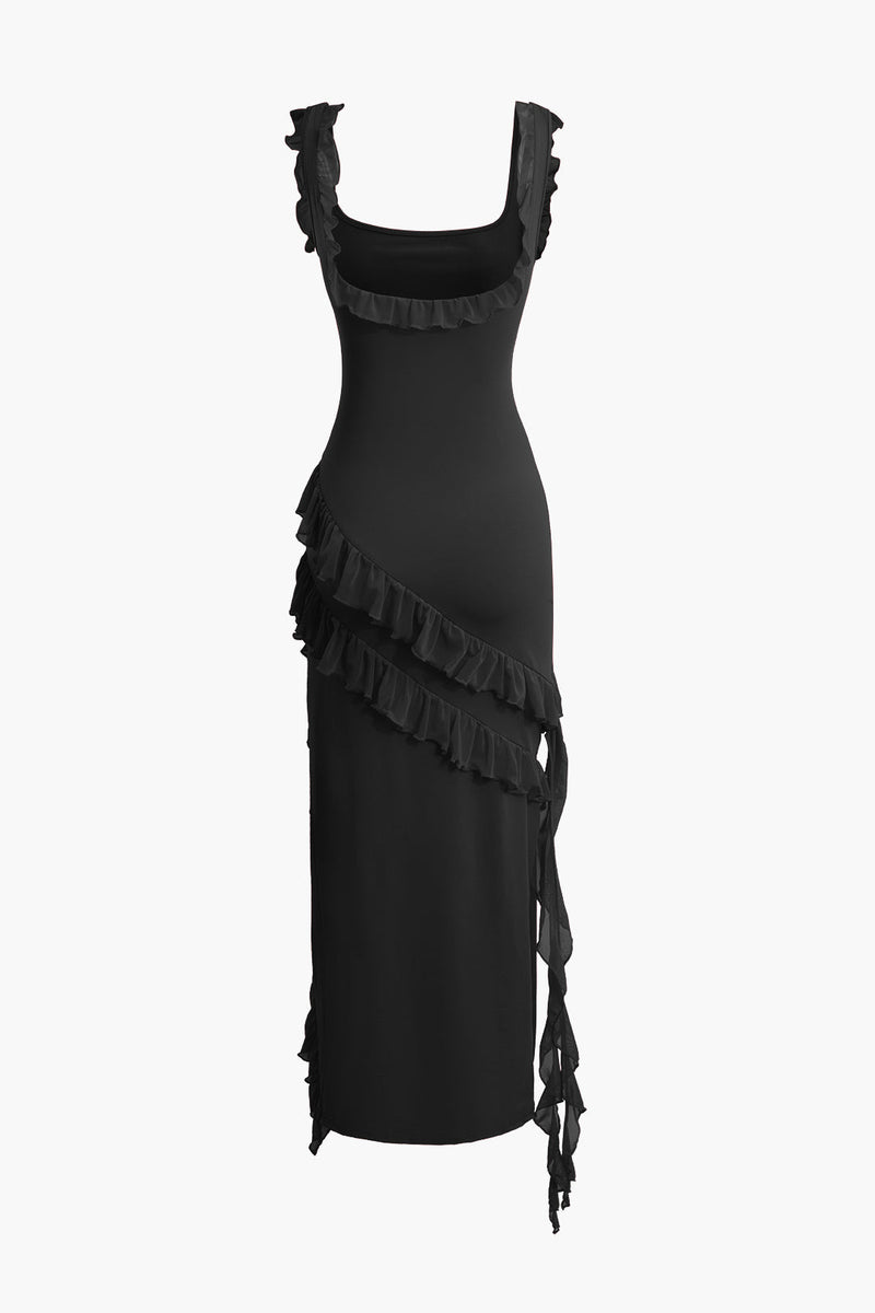 Color Ruffle Trim Slit Sleeveless Maxi Dress