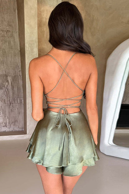 Cowl Neck Backless Tie Strap Mini Dress