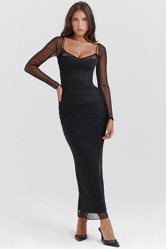 Mesh Lace Patchwork Boned Fitted High Slit Maxi Dress