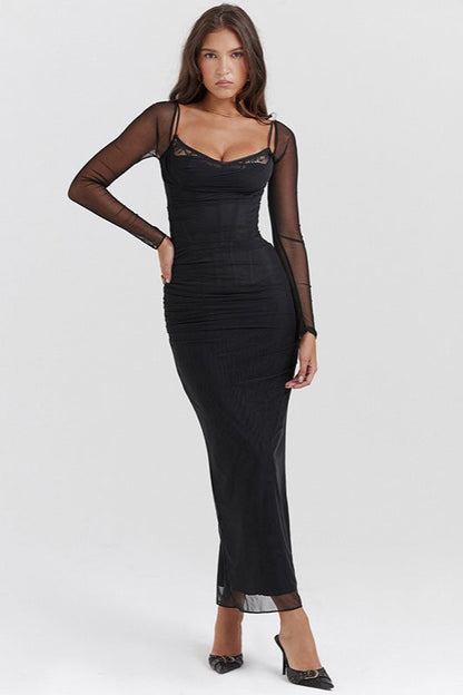 Mesh Lace Patchwork Boned Fitted High Slit Maxi Dress