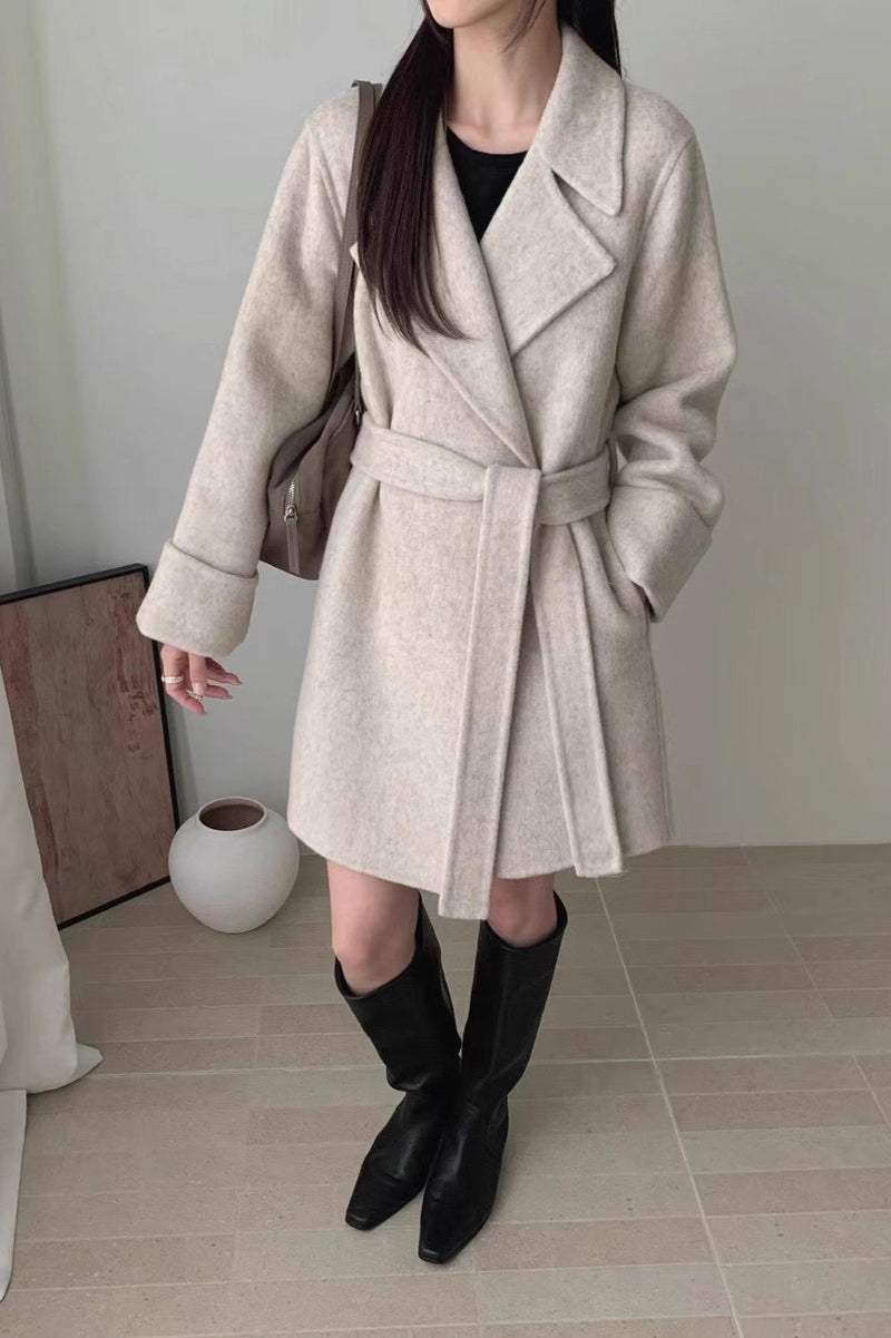 Robe-style Double-face Wool Long Hepburn Coat