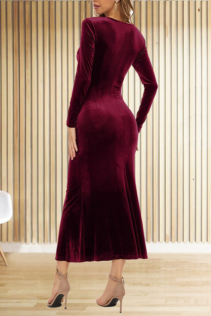 Color Velvet Long Sleeve V-neck Slim Fit Fishtail Maxi Dress