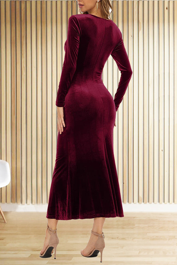 Color Velvet Long Sleeve V-neck Slim Fit Fishtail Maxi Dress