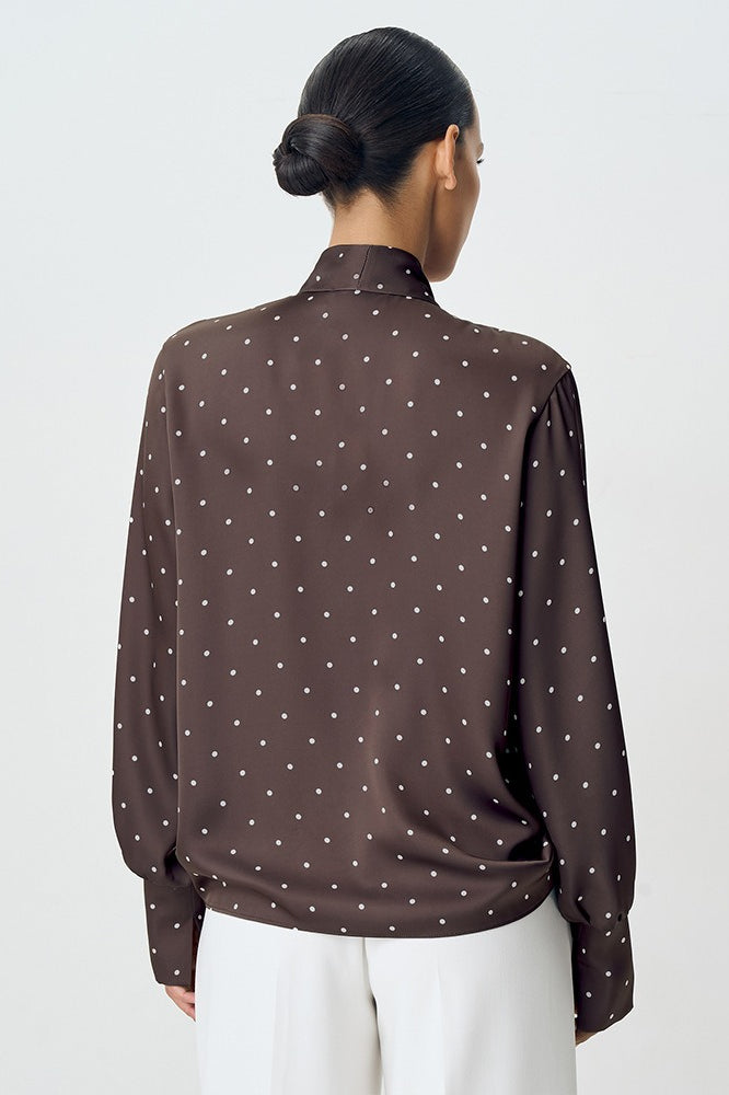 Polka Dot Collared Tie-up Slim Blouse