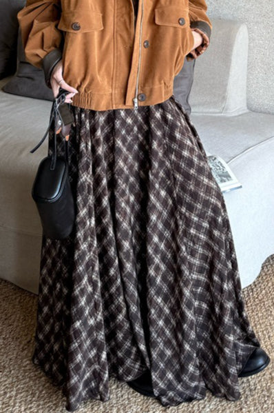 Plaid Earthy Tones High Waist Flowy Midi Skirt