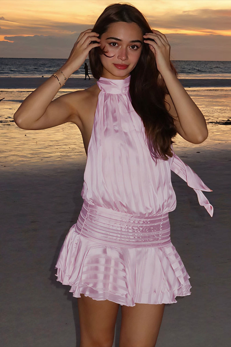 Halter Satin Jacquard Stripe Mini Dress