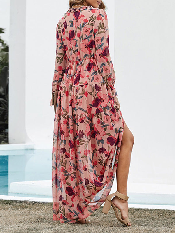 High Waisted Long Sleeves Flower Print Pleated Ruffled V-neck Maxi Dresses