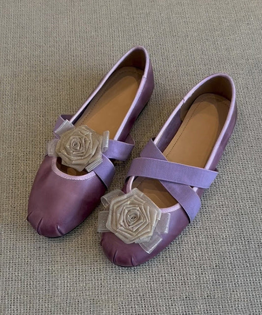 French Purple Flats Cowhide Leather Fine Splicing
