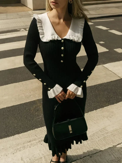 Ruffled Patchwork Knit Maxi Dress for Ribbed Long Sleeve Party Dress Gown Slim Knitwear Long Dress