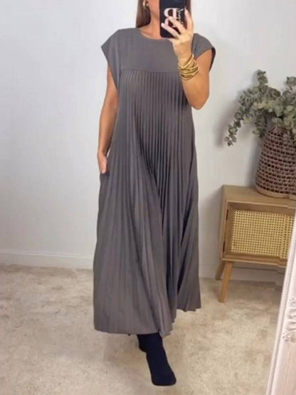 A-line High Waisted Pleated Pockets Color Split-joint Round-neck Maxi Dresses