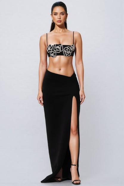 Pilary Diamond Encrusted Rose Split Maxi Dress Set