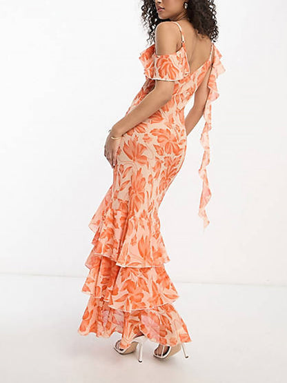 Shoulder Asymmetric Maxi Dress in Orange Jacquard