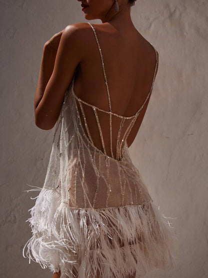 Backless Fringed Mesh Sequin Miniskirt