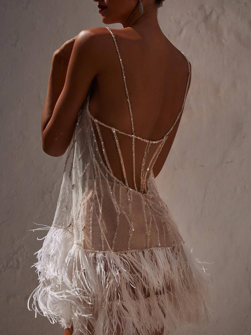 Backless Fringed Mesh Sequin Miniskirt