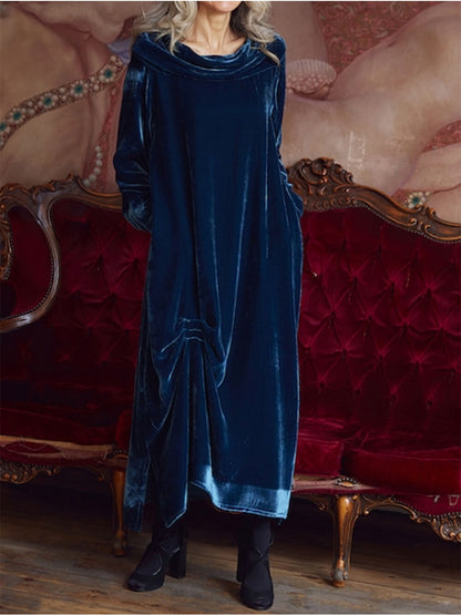 Draped Neck Ruched Velvet Midi Dress