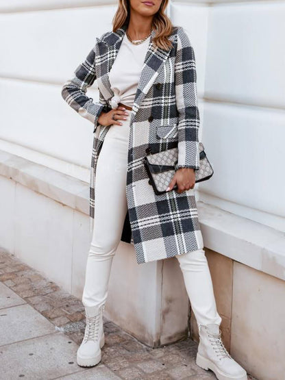 Checked Double-breasted Pea Coat With Flap