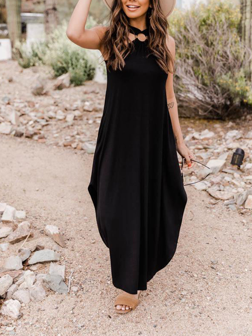 Halter Light Blue Midi Dress With Pocket
