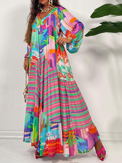 Oversized V-neck Printed Maxi Dress