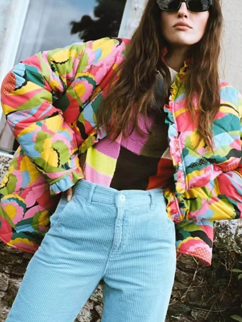 Printed Pleated Lace-trimmed Cotton Coat