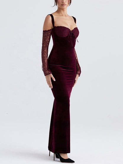 Lace Halter Strap Off-the-shoulder Maxi Dress