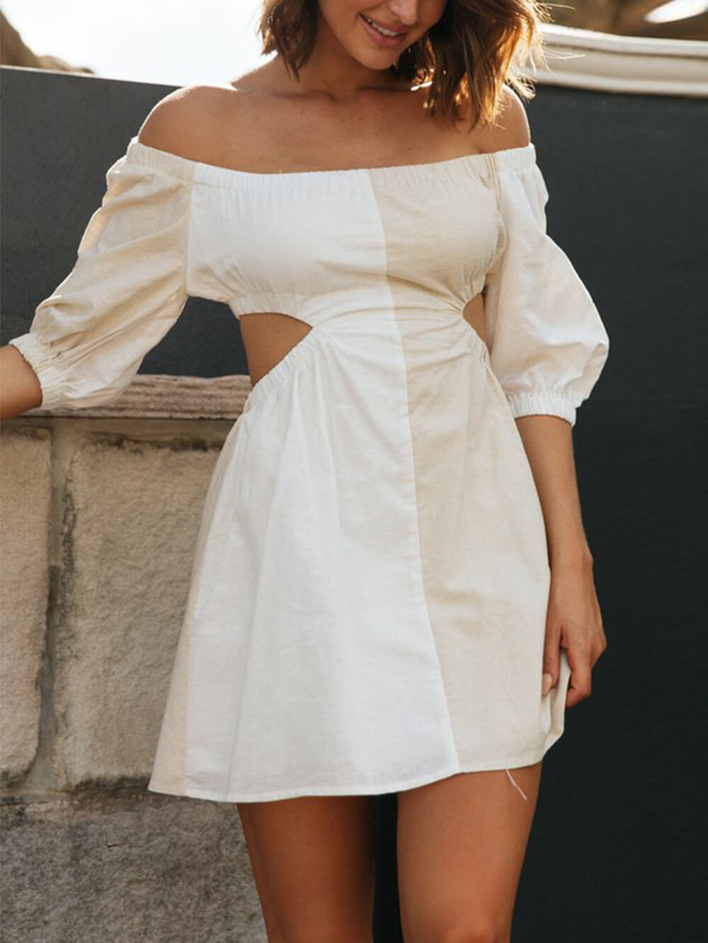One-shoulder Off-waist Balloon Sleeve Mini Dress