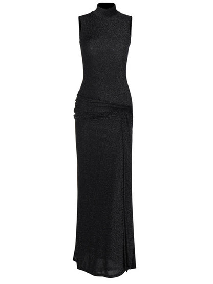 High-necked Sleeveless Long Dress With Ribbons and Bright Silk