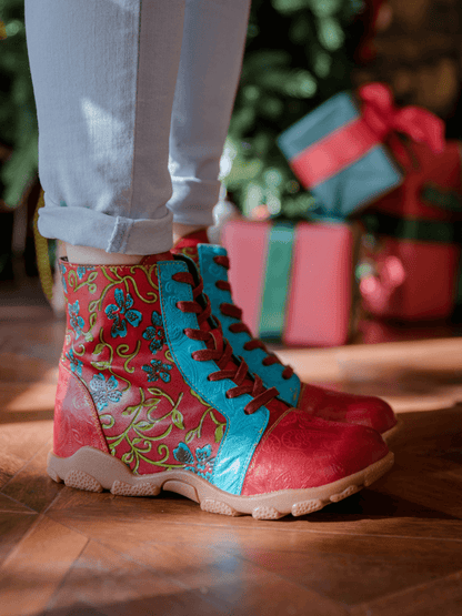 Soffia | Swirl Embossed Lace Up Leather Combat Boot