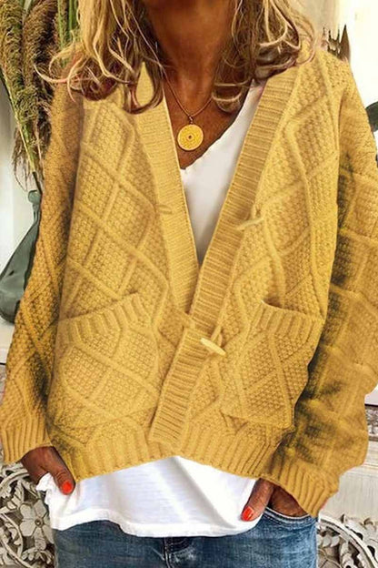 Ribbed Horn Buckle Pockets Cardigan(4 Colors)