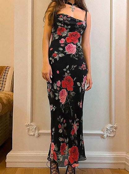 Print Mesh Spaghetti Strap Maxi Dress