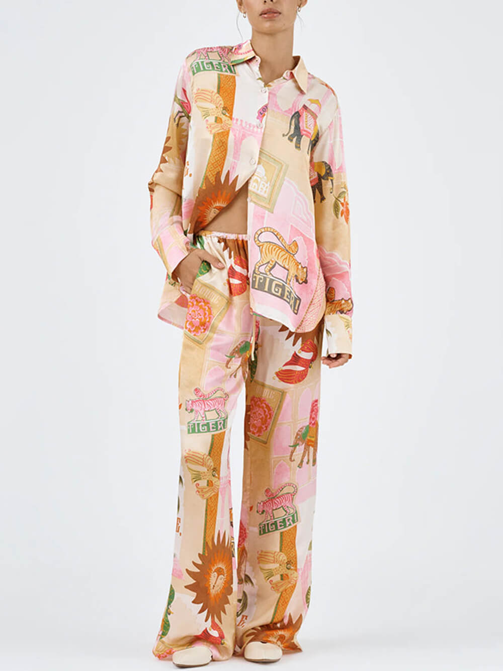 Unique Printed Shirt Top and Elastic Waist Loose Pants Set