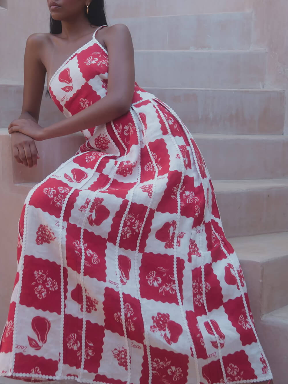 Trim Unique Printed One Shoulder Flared Maxi Dress