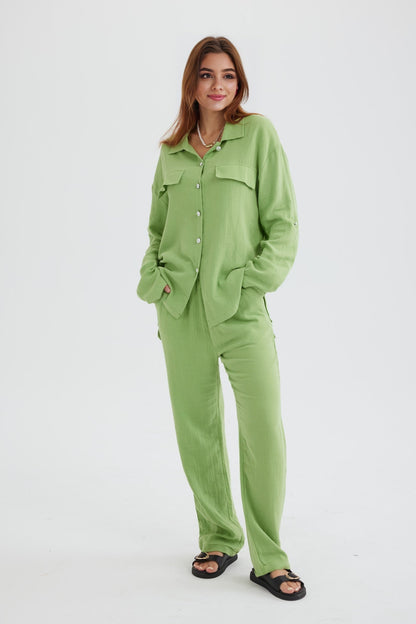 Long Sleeve Pocketed Slit Shirt Long Pants Suits