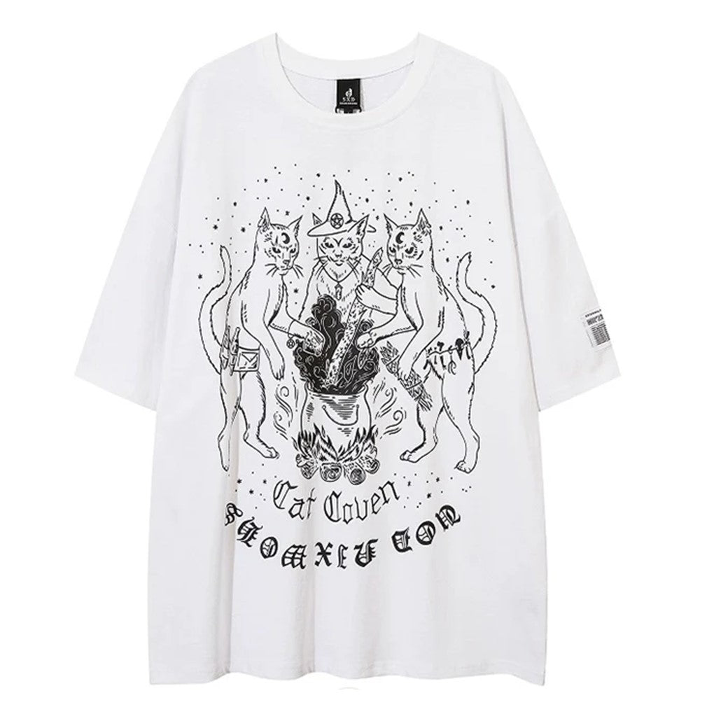 Punk Dull Sandstorm Design Cat Print Short Sleeve T-shirt