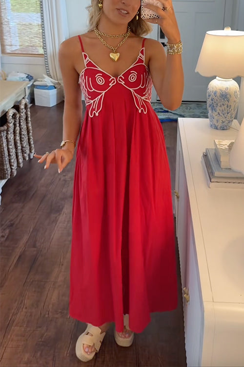 Moxidress Spaghetti Strap Twin Fish Embroidery Maxi Dress