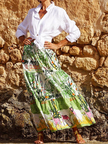 Printed Waist-high Hem Mid-length Skirt