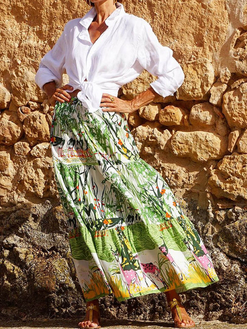 Printed Waist-high Hem Mid-length Skirt