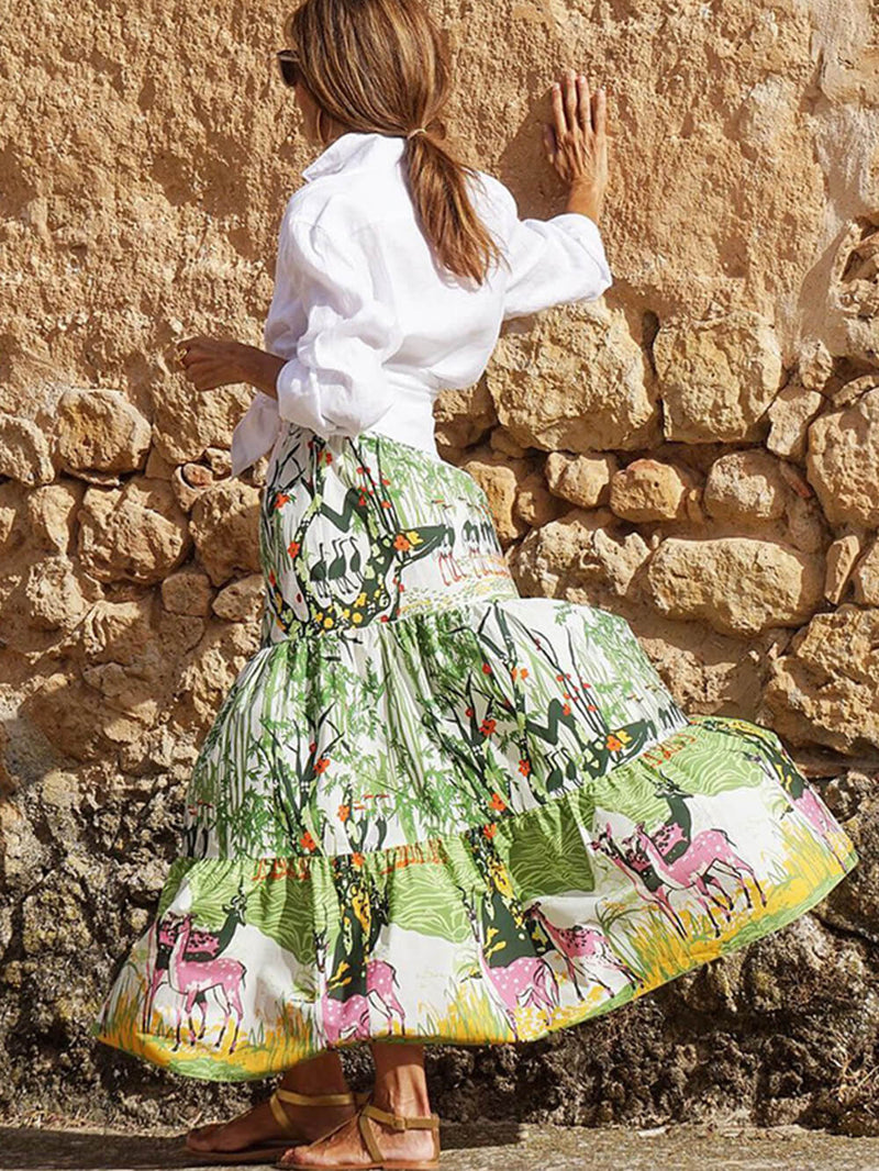 Printed Waist-high Hem Mid-length Skirt
