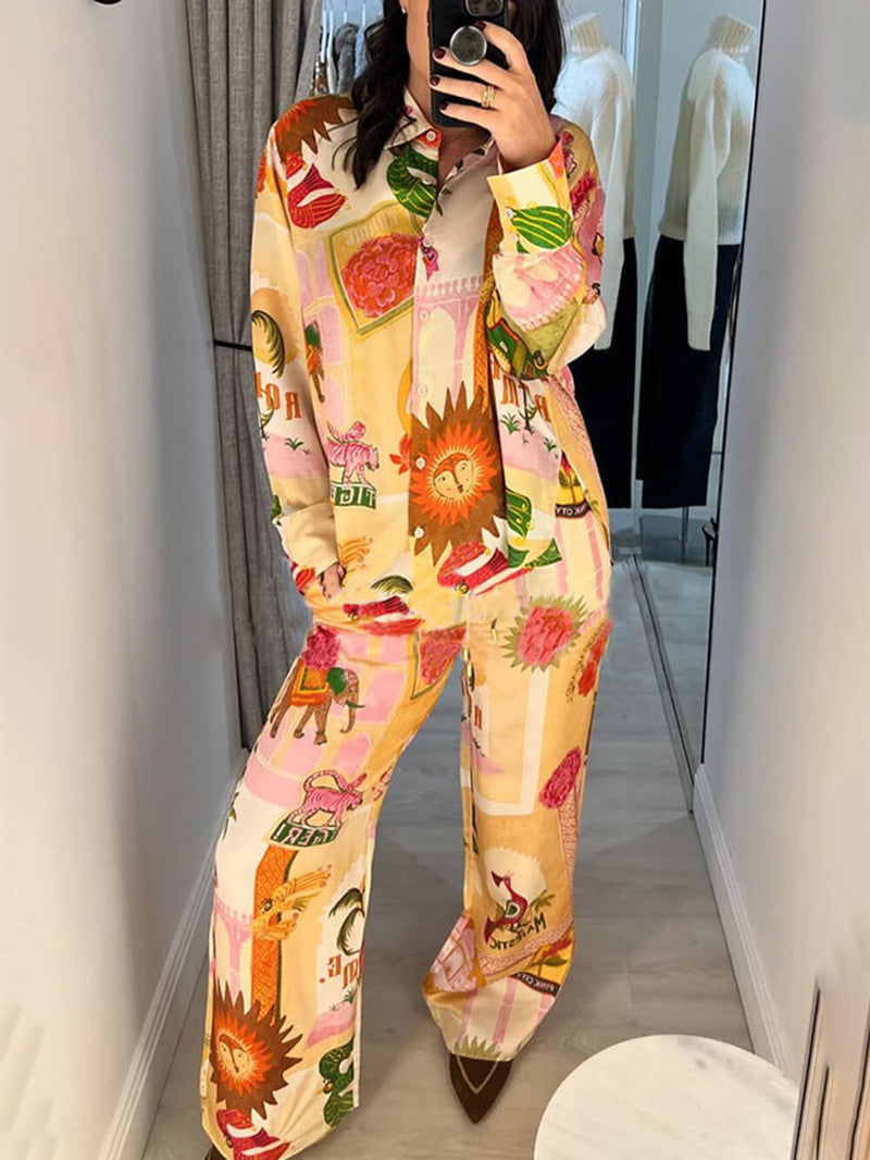 Unique Printed Shirt Top and Elastic Waist Loose Pants Sets