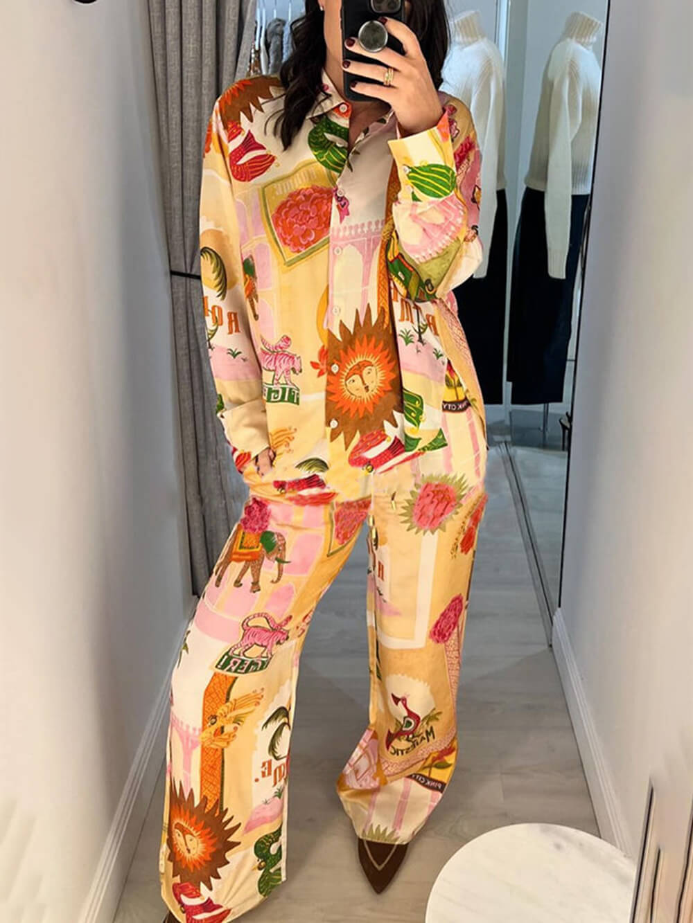 Unique Printed Shirt Top and Elastic Waist Loose Pants Set