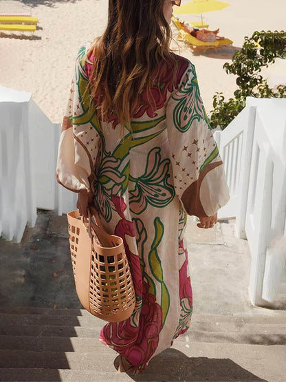 Linen Blend Unique Print Balloon Sleeve Tie-up Tunic Maxi Dress