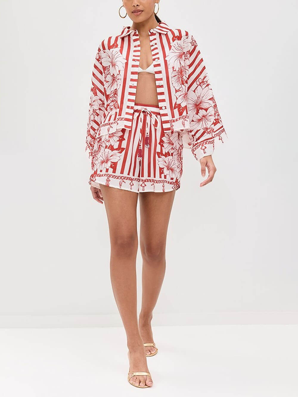 Unique Print Wide Sleeve Shirt and Elastic Waist Pocketed Shorts Set