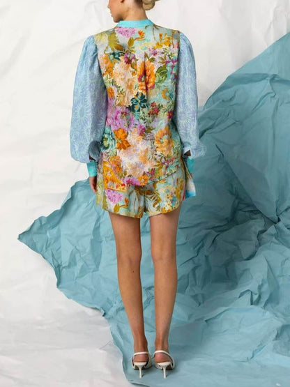 Classic Unique Print Linen Long-sleeved Shirt and Shorts Set