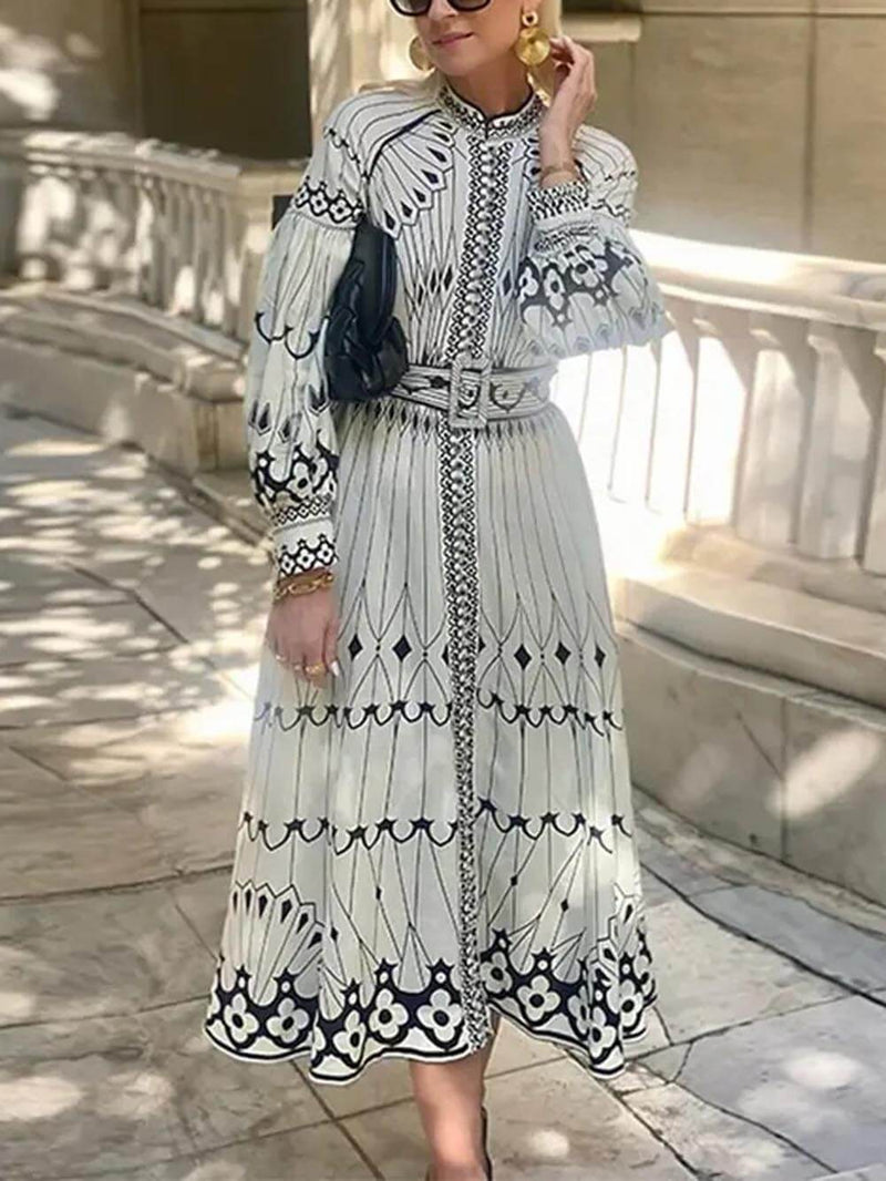 Lantern Sleeve Print Midi Dress