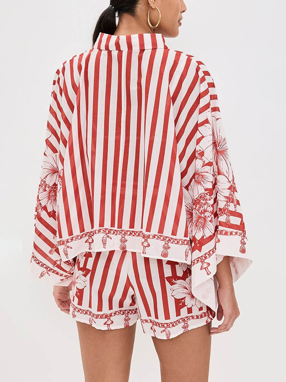 Unique Print Wide Sleeve Shirt and Elastic Waist Pocketed Shorts Set