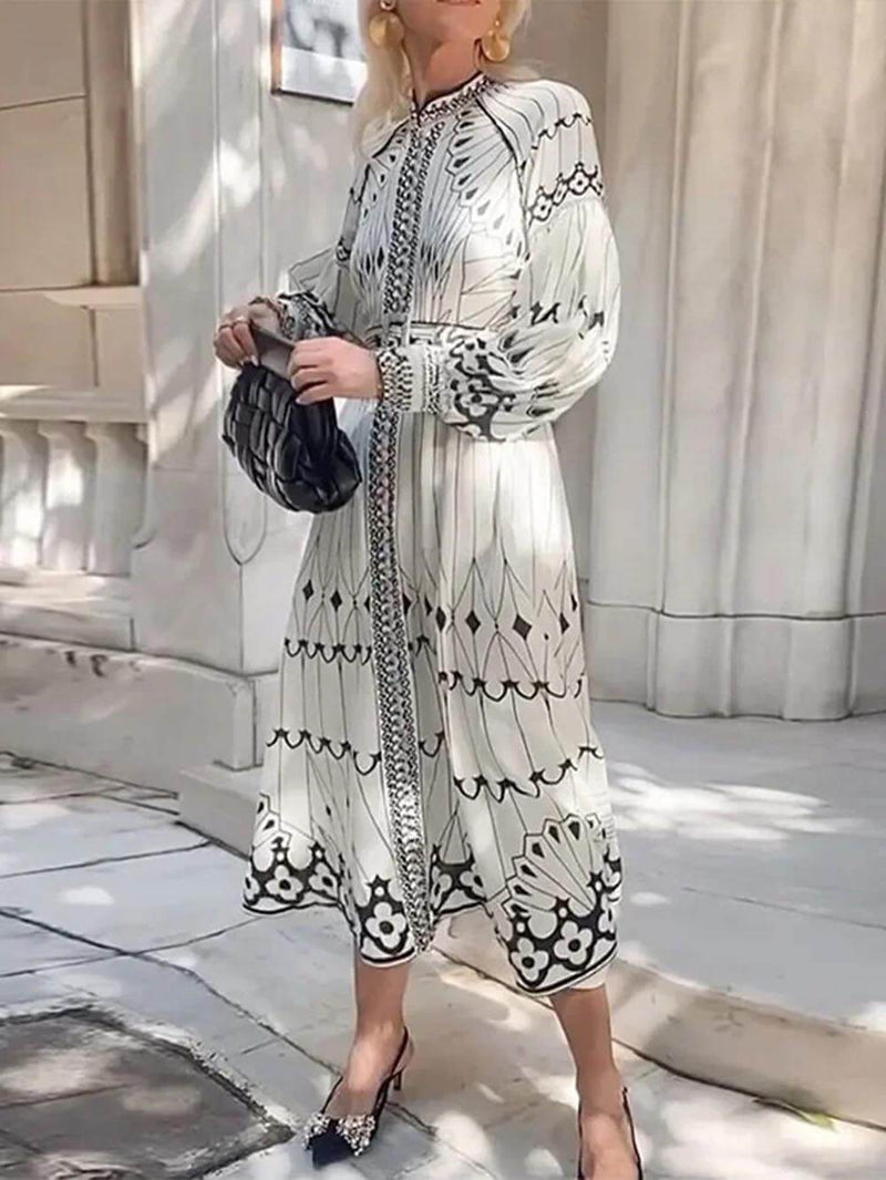 Lantern Sleeve Print Midi Dress
