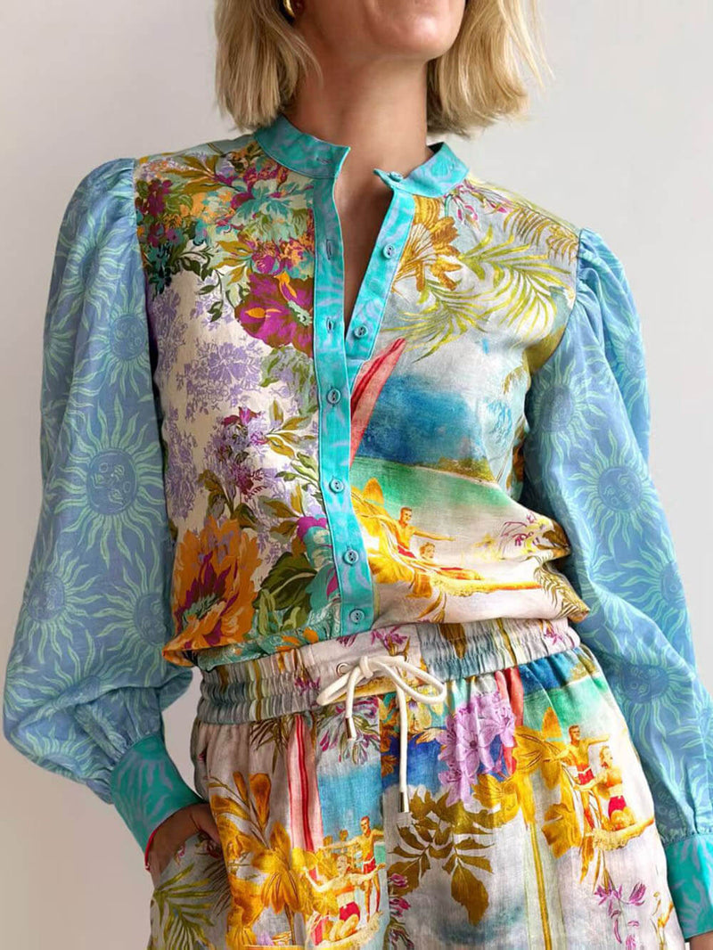 Classic Unique Print Linen Long-sleeved Shirt and Shorts Set