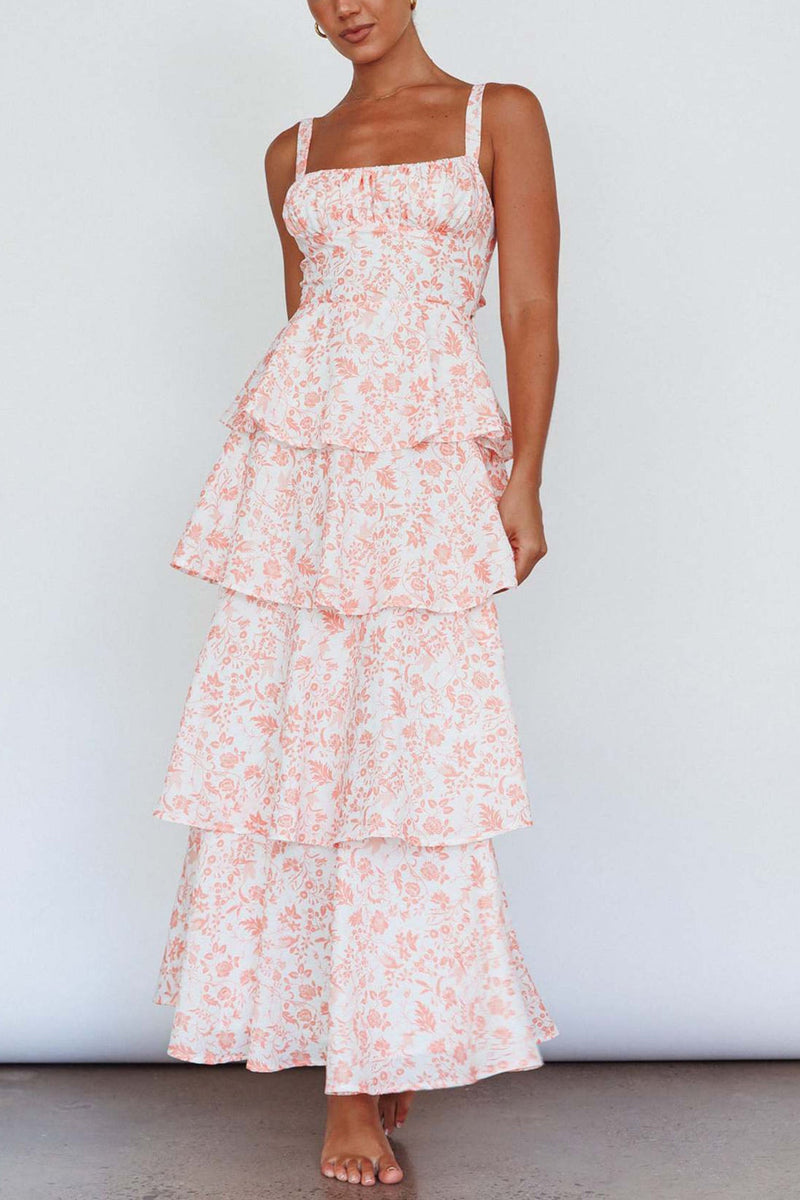 Print Tie-up Tiered Midi Dress