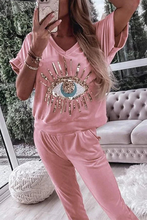 Sequin Pattern V Neck Short Sleeve Top With Pocketed Pants Set
