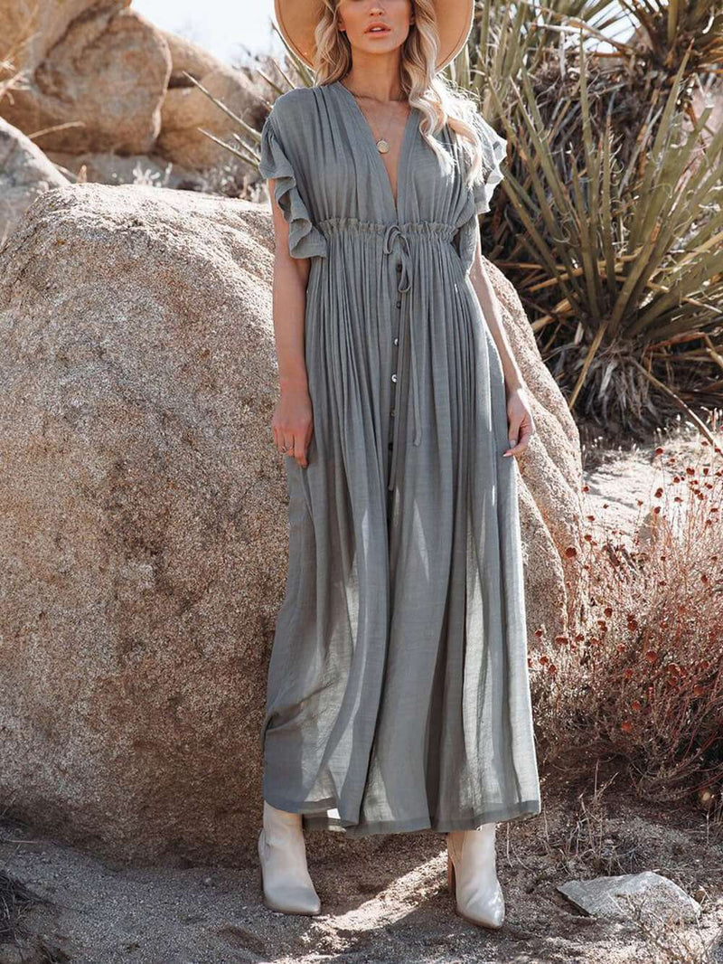 Button Cotton Linen Perfect Beach Maxi Dress
