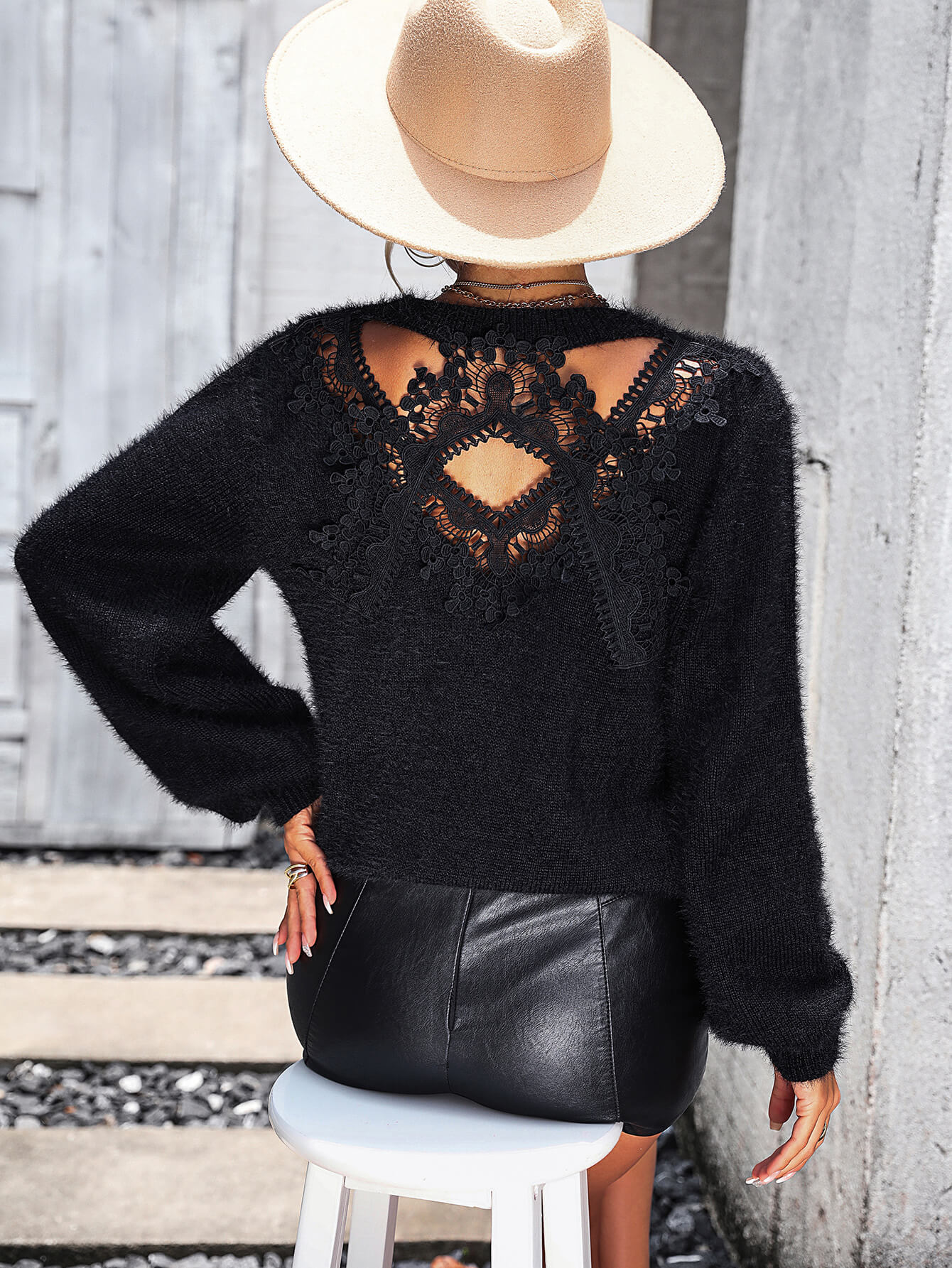 Petals Lace Pullover Sweater - Black